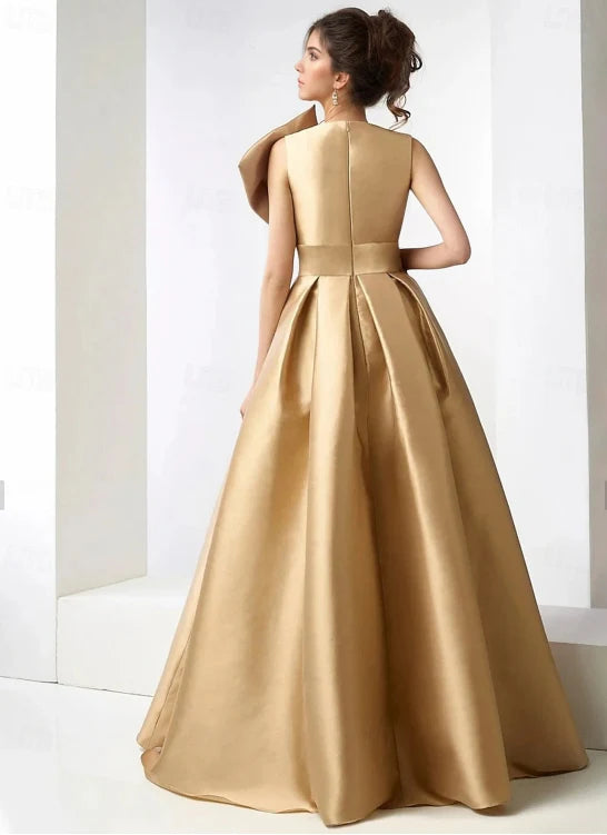 Luolandi A-Line Evening Gown Elegant Dress Formal Floor Length Sleeveless V Neck Pocket Satin with Rhinestone Beading And Slit